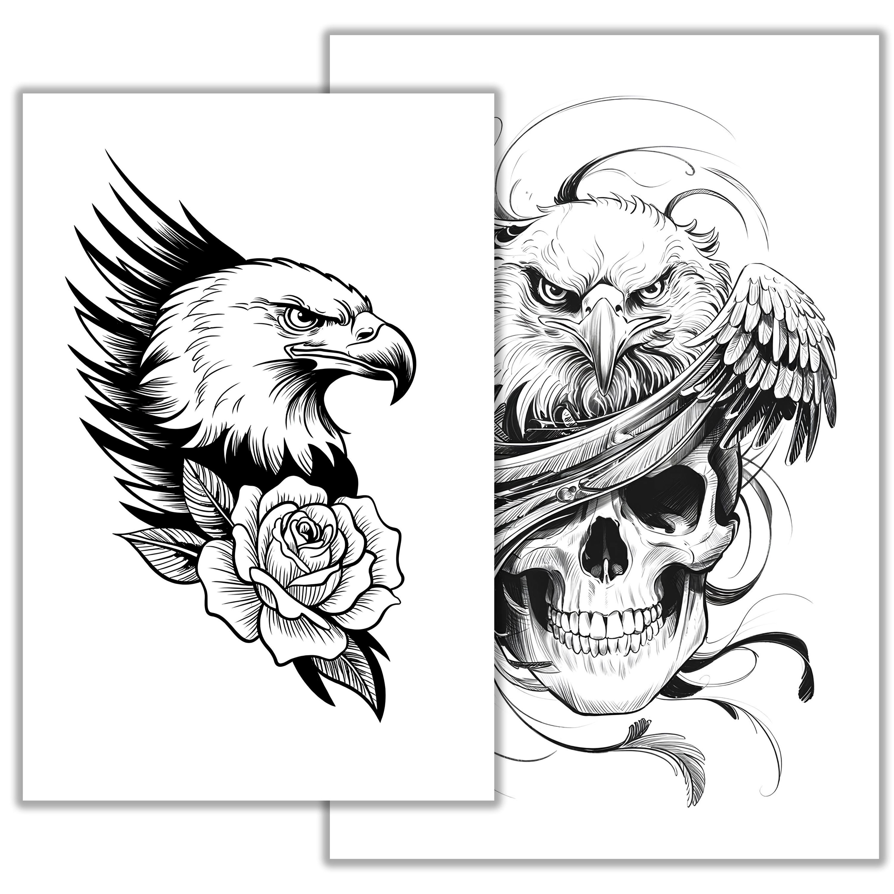 鷲のタトゥースケッチ - 雄大な鳥のラインアートデザイン - 白頭鷲の