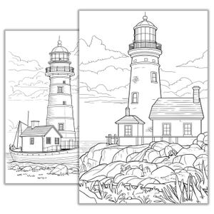 Puede incluir: Un dibujo en blanco y negro de dos faros en una costa rocosa. Los faros son altos y delgados con ventanas y un balc&oacute;n. La costa es rocosa y tiene una peque&ntilde;a casa frente a uno de los faros.