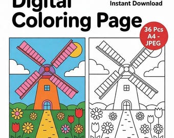 Windmill Coloring Page 2 | Printable Landscape Adult Coloring Sheet | Rustic Countryside Windmill Drawing | Instant Digital Download