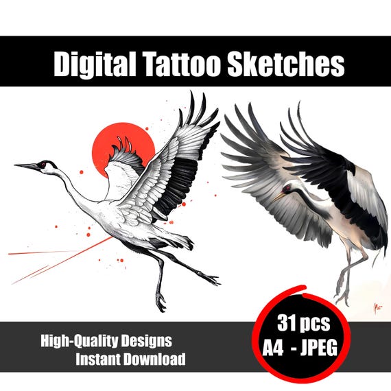 鶴のタトゥースケッチ - エレガントな鳥の線画デザイン、ミニマリスト