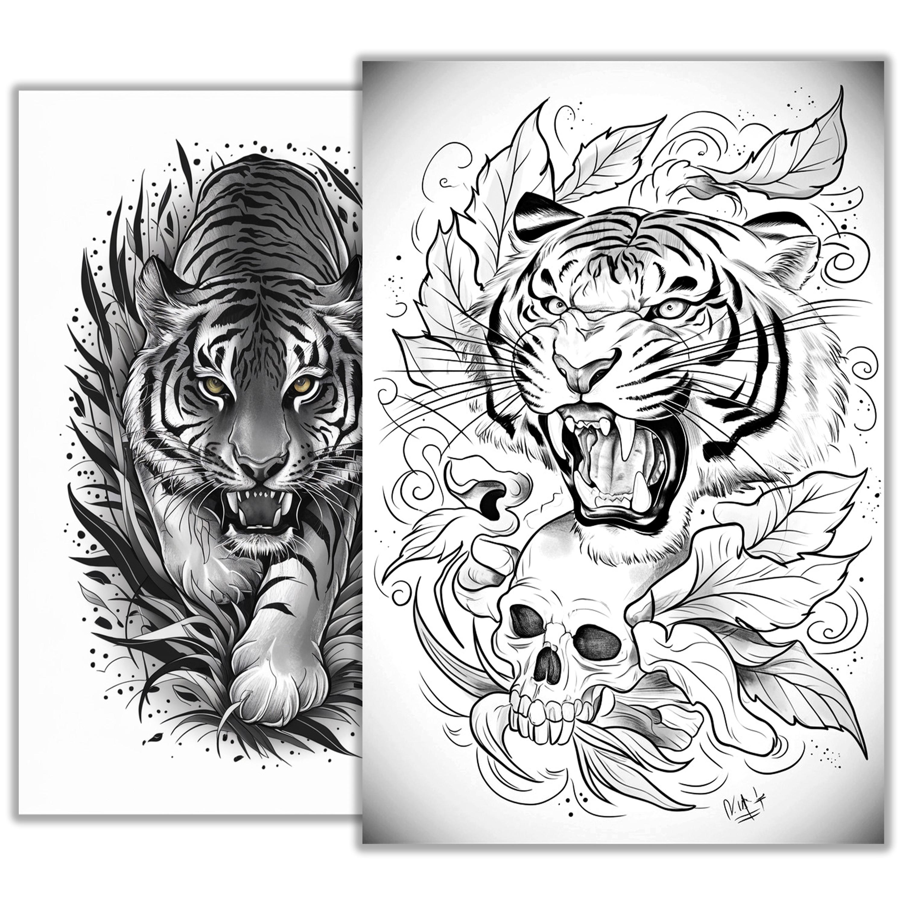 虎のタトゥースケッチ - 獰猛な大型猫の線画、野生動物のタトゥー