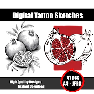 Croquis de tatouage de grenade – Dessin botanique au trait, idée de tatouage symbolique de fruit, dessin Blackwork imprimable, téléchargement numérique instantané