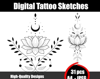 蓮のタトゥースケッチ - ミニマリストフラワーラインアートデザイン