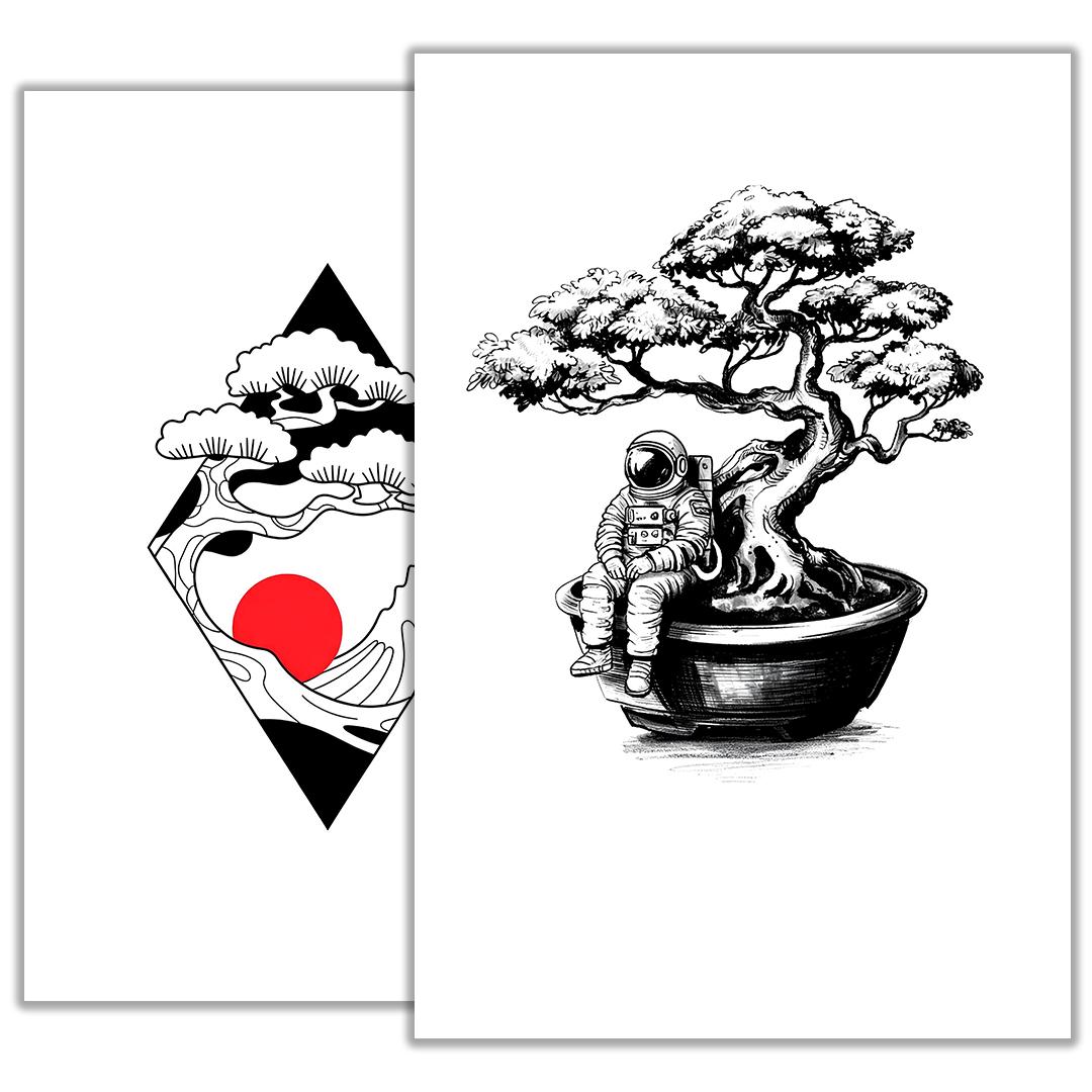 盆栽のタトゥースケッチ - ミニマルな自然タトゥーデザイン、日本の