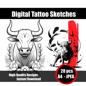 Schizzo per tatuaggio del Toro – Illustrazione per tatuaggio astrologico, download digitale | Design audace in inchiostro nero per idee di tatuaggi stampabili all'istante