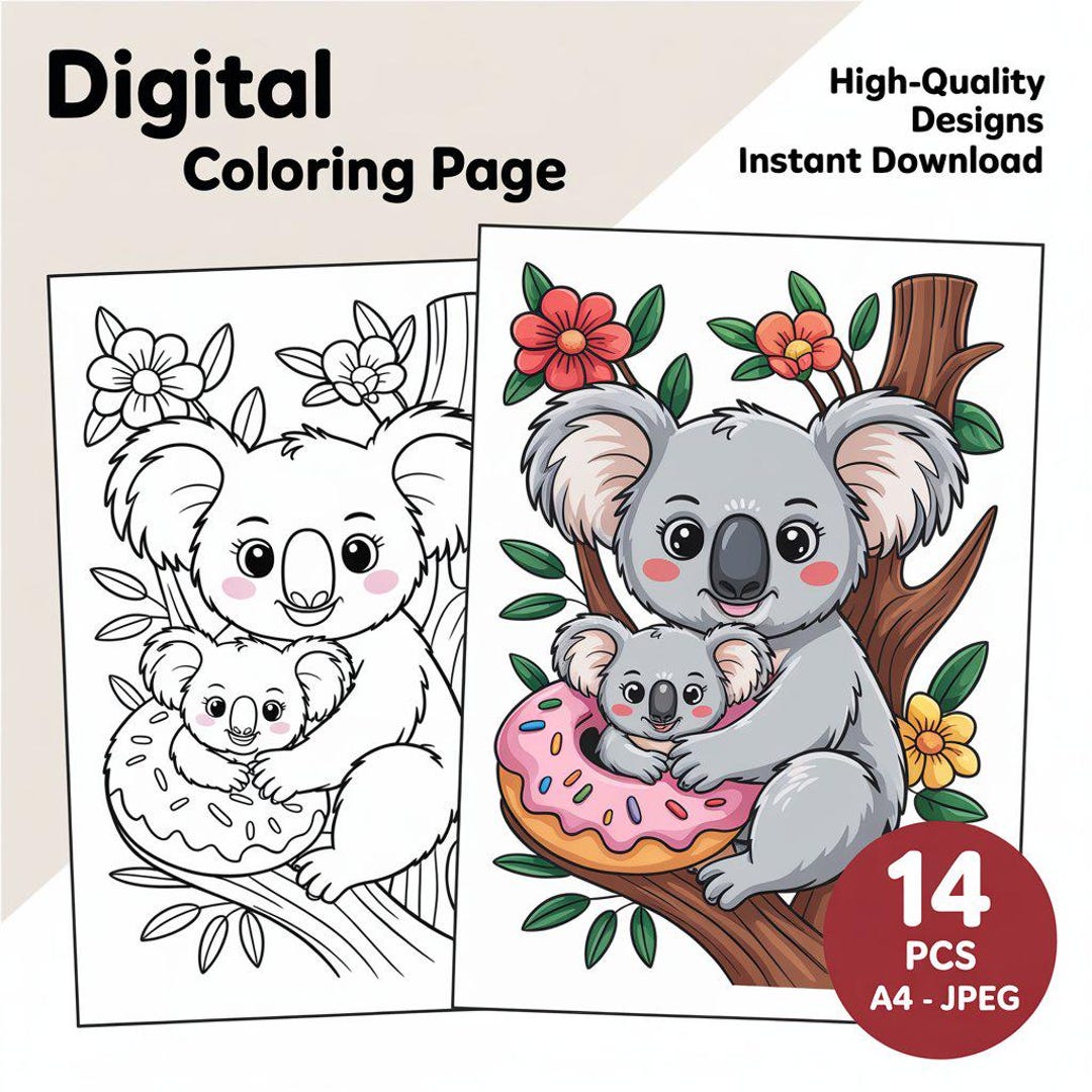 かわいいコアラのぬり絵ページ – 子供と大人向けの印刷可能な愛らしい