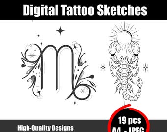 Schorpioen sterrenbeeld tattoo schets | Astrologisch tattoo ontwerp | Schorpioen Schorpioen inktkunst | Gedetailleerde lijntekening | Tattoo direct downloaden