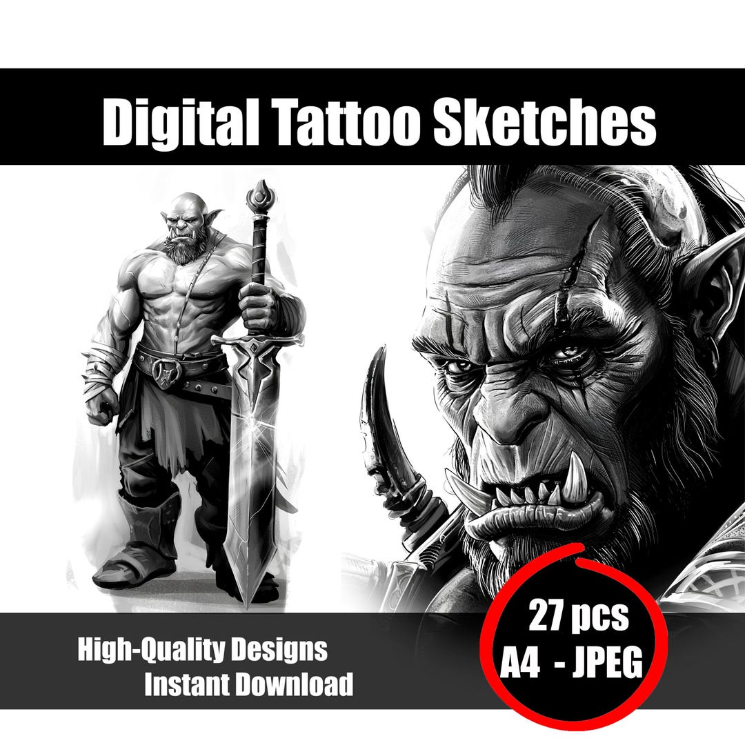 Orc Tattoo Sketch – Fantasy Creature Illustration, Dark Ink Art ...