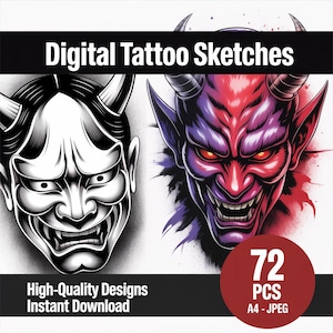 悪魔のマスクのタトゥーのスケッチ - 激しい鬼または般若のインクデザイン |日本の伝統的な天狗の面|カスタマイズ可能なタトゥーステンシル |デジタルダウンロード