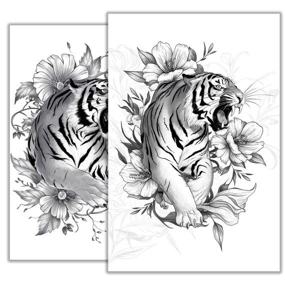 虎のタトゥースケッチ3 – ミニマリストの動物のラインアート、大きな猫