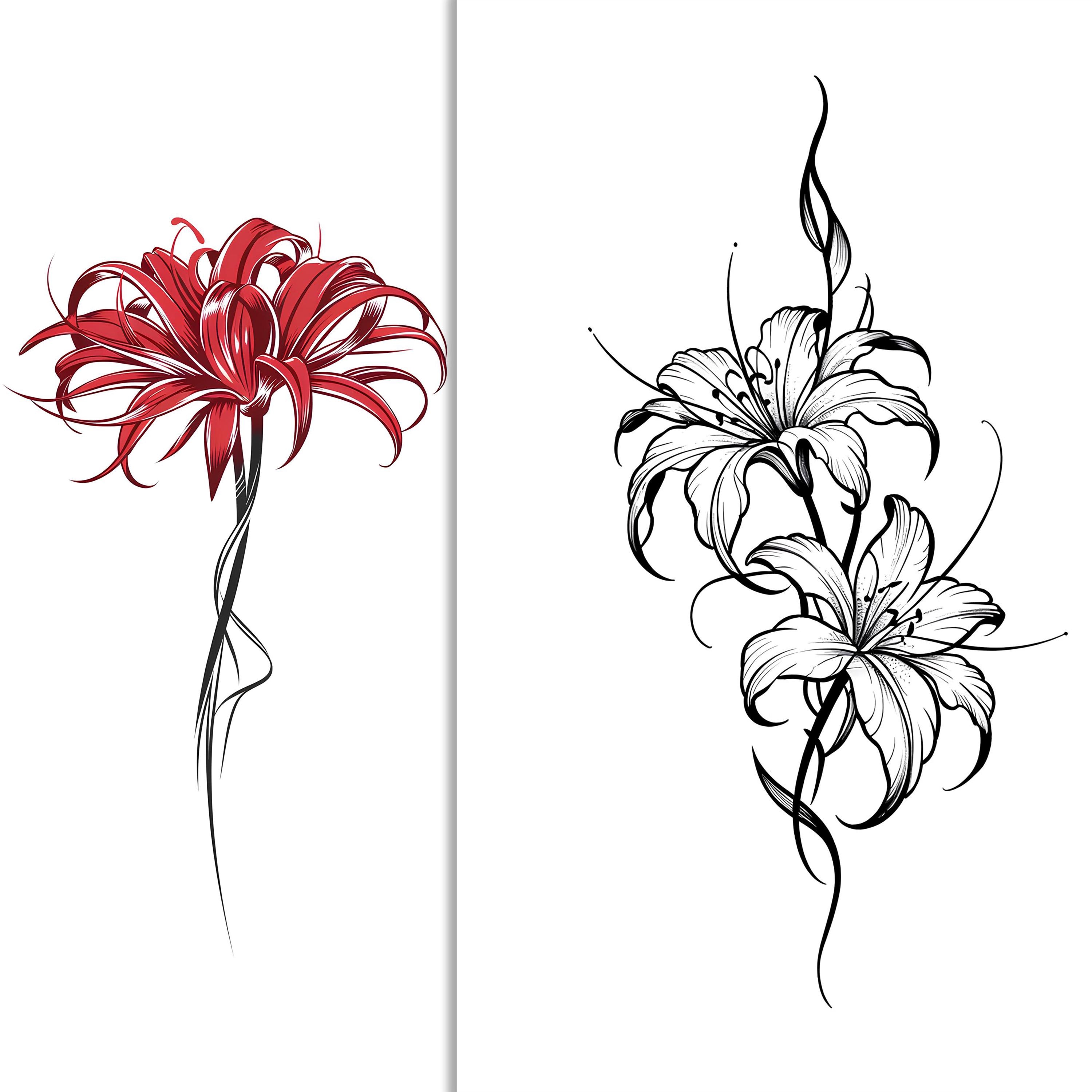 レッドスパイダーリリーのタトゥースケッチ - ブラックワークの花の