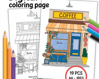 Cafes, Coffee Shops & Libraries Coloring Pages – Printable Cozy Scene Art for Kids Adults, Relaxing DIY Coloring Sheets