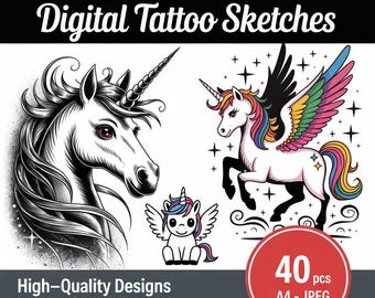 ユニコーンタトゥースケッチ2 – 魔法の神話上の生き物のイラスト