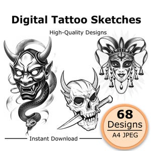 Könnte beinhalten: Digitale Tattoo-Skizzen mit hochwertigen Designs. Das Bild zeigt eine schwarz-weiße Illustration einer gehörnten Maske mit einer Schlange, einen Schädel mit einem Messer und eine Narrenmaske. Der Text umfasst Digital Tattoo Sketches, High-Quality Designs, 68 Designs, A4 JPEG und Instant Download.