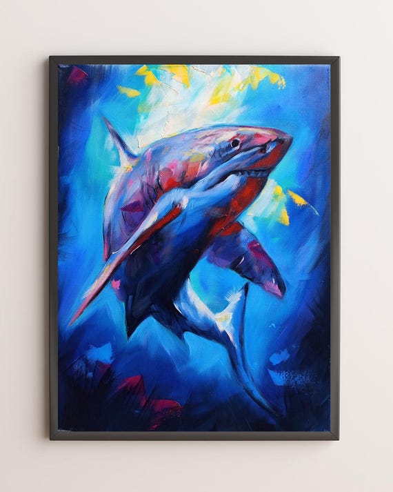 サメの油絵 - 海の野生動物のウォールアート、海洋生物のキャンバス