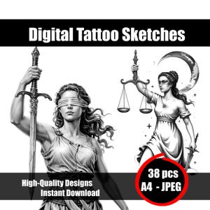 Colección de bocetos de tatuajes de Themis Justice_2 - Diosa griega de la justicia - Diseño de balanza y espada de la justicia - Tatuaje en blanco y negro - Descarga digital