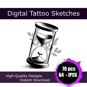 Zandloper tattoo schets, tijd en groei zandloper lijntekening digitale download, bloemenzandloper met plant tattoo ontwerp, tattoo direct te downloaden als JPEG