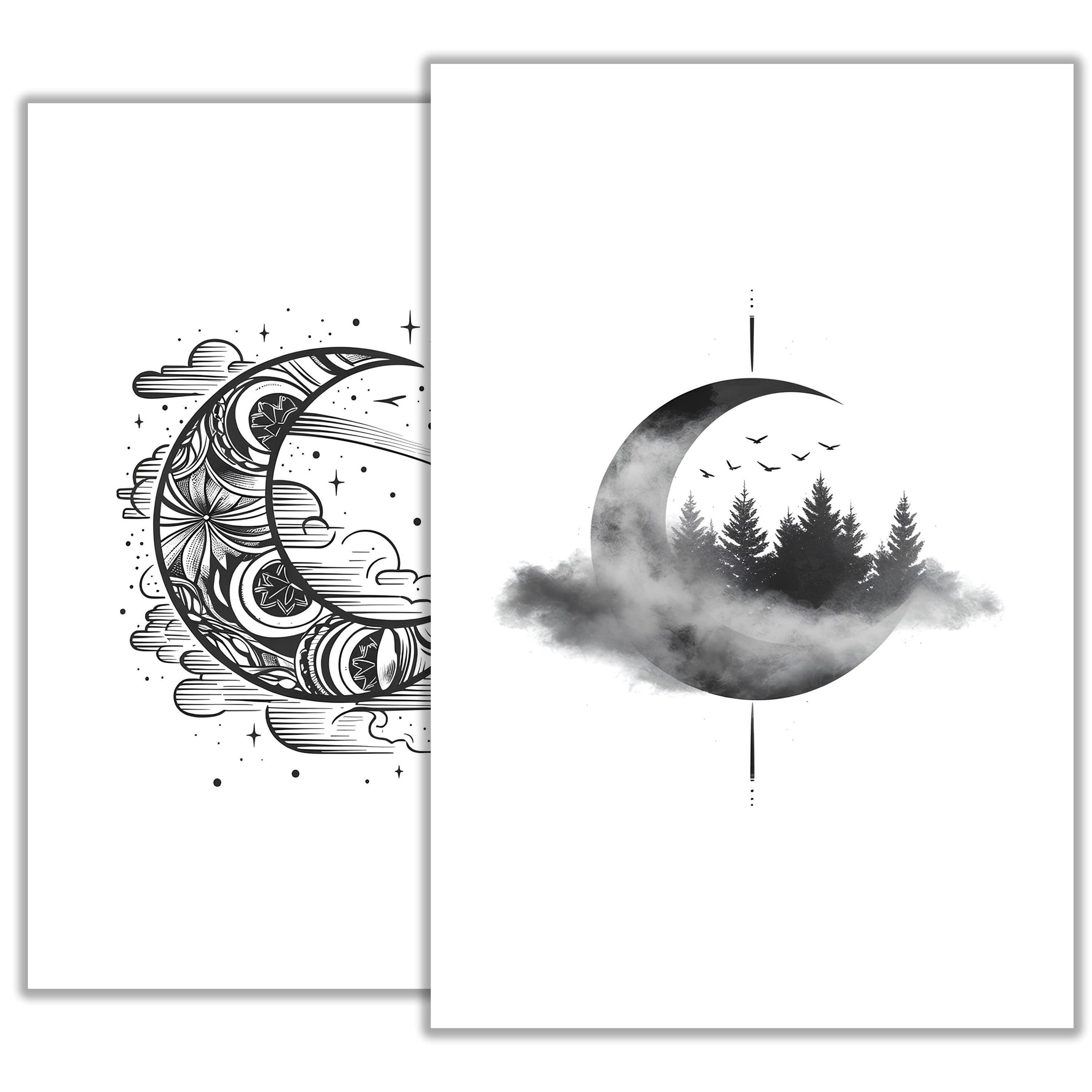 Moon Linework Moon Tattoo Sketch – Minimalist Lunar Line Art, Celestial Night Sky ...