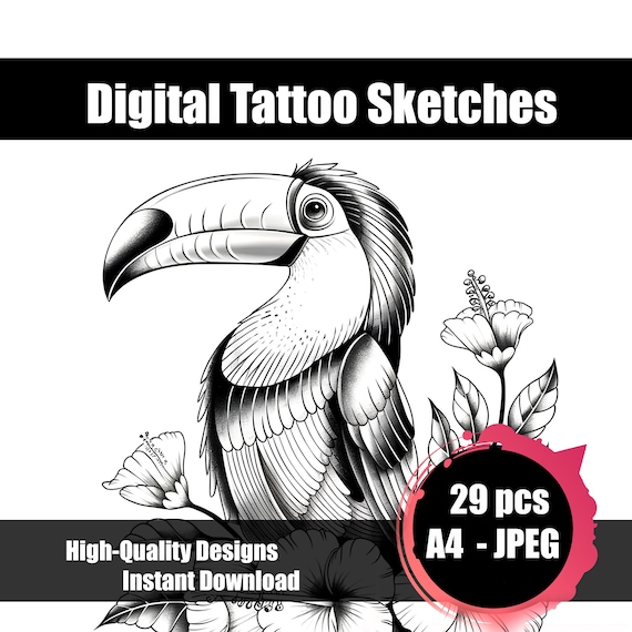 オオハシのタトゥースケッチ - トロピカルオオハシのラインアート