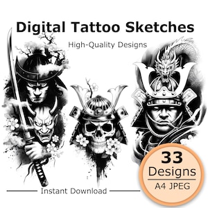 Könnte beinhalten: Digitale schwarz-weiße Tattoo-Skizzen mit drei Samurai-Illustrationen, die Schädel, ein Katana und Kirschblüten zeigen. Der Text lautet Digital Tattoo Sketches, High-Quality Designs, 33 Designs, A4 JPEG und Instant Download.