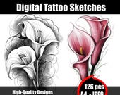 Calla Lily Tattoo Sketch – Elegant Floral Tattoo Flash Art, Digital Download | Delicate Black Ink Design for Instant Printable Tattoo Ideas
