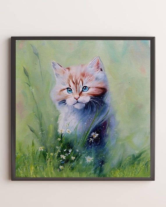 青い目の子猫 - キャンバスに描かれたオリジナル油絵、かわいい猫の壁