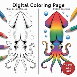 Página para colorear de calamares para niños y adultos: animales marinos imprimibles, descarga digital de vida marina, hoja para colorear relajante