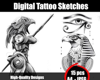 Croquis de tatouage Ra – Dessin au trait du dieu solaire égyptien – Tatouage mythologique imprimable – Téléchargement numérique à lignes fines Flash