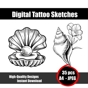 Boceto de tatuaje de concha marina 2: Arte lineal inspirado en la playa, diseño de tatuaje de concha marina, descarga instantánea