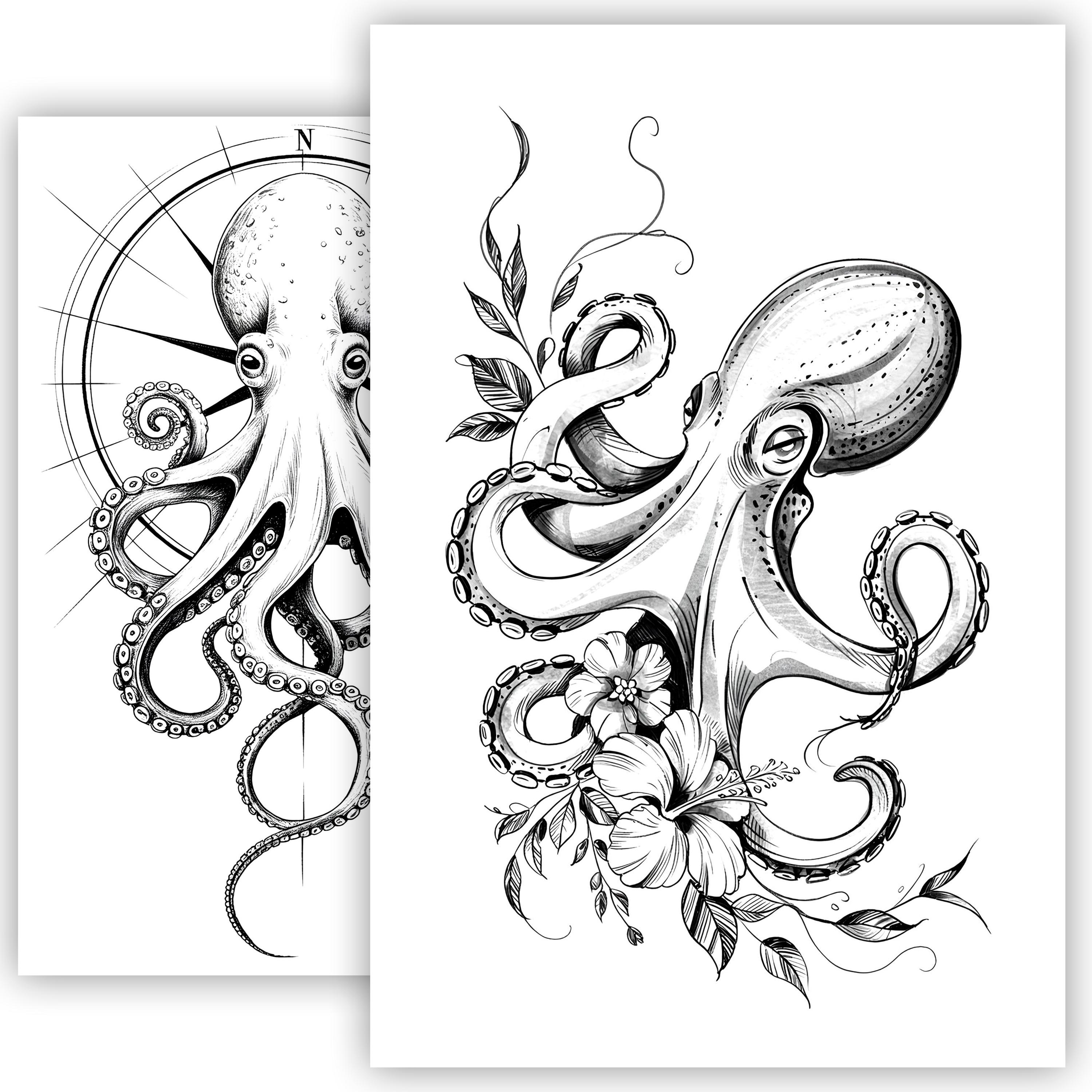 Octopus Tattoo Sketch – Sea Creature Illustration, Ocean Marine Ink Art,  Elegant \u0026 Mysterious Tattoo Design - Etsy, image size:3000x3000