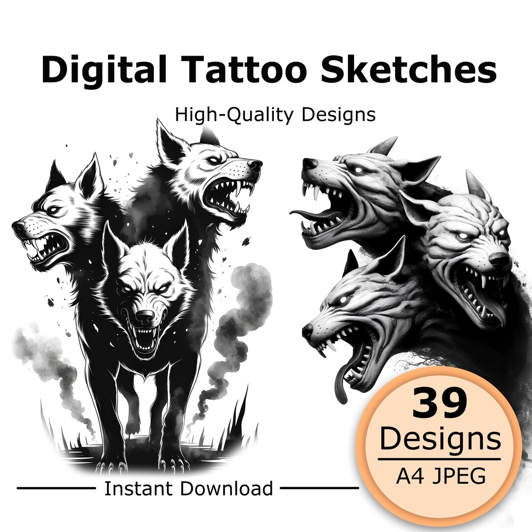 Cerberus Tattoo Sketch, Three Headed Hellhound Dog Tattoo Design ...