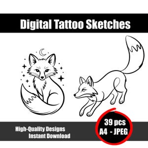 Räv minimalistisk tatueringsskiss | Fin rävdesign | Minimalistisk djurkonst | Utskrivbar vilda djur tatueringsblixt för naturälskare