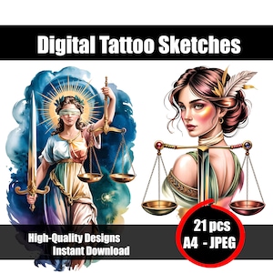 Themis Colored Tattoo Sketch – Goddess of Justice Tattoo Design, Colorful Mythology Flash Art, Digital Download for Tattoo Artists