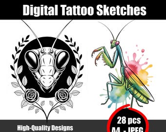 Praying Mantis Tattoo Sketch – Minimalist Insect Line Art, Unique Wildlife Tattoo Design, Instant Download