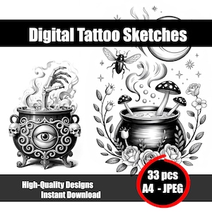 May include: Black and white digital tattoo sketches. The image features two cauldron designs with various elements, including a skeleton hand, mushrooms, a bee, and floral accents. Text includes "Digital Tattoo Sketches", "High-Quality Designs Instant Download", and "33 pcs A4 - JPEG".