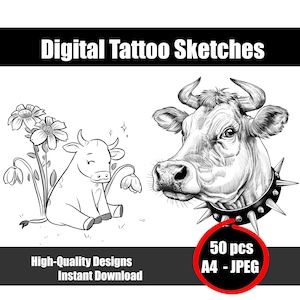 Cow Tattoo Sketch – Minimalist Farm Animal Line Art | Cute Country Tattoo Design | Rustic Cattle Ink Illustration | Instant Digital Download