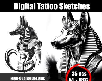 アヌビスのタトゥースケッチ、エジプト神の細い線のタトゥーデザイン