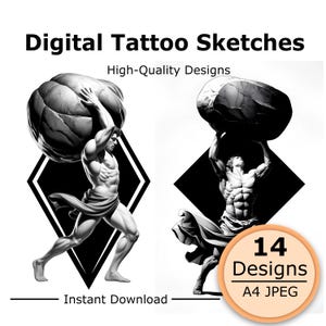 Op de afbeelding: Digital Tattoo Sketches High-Quality Designs 14 Designs A4 JPEG Instant Download. Twee zwart-wit illustraties van een gespierd figuur die een grote rotsblok boven het hoofd tilt, geplaatst tegen een zwarte ruitvorm op een witte achtergrond.