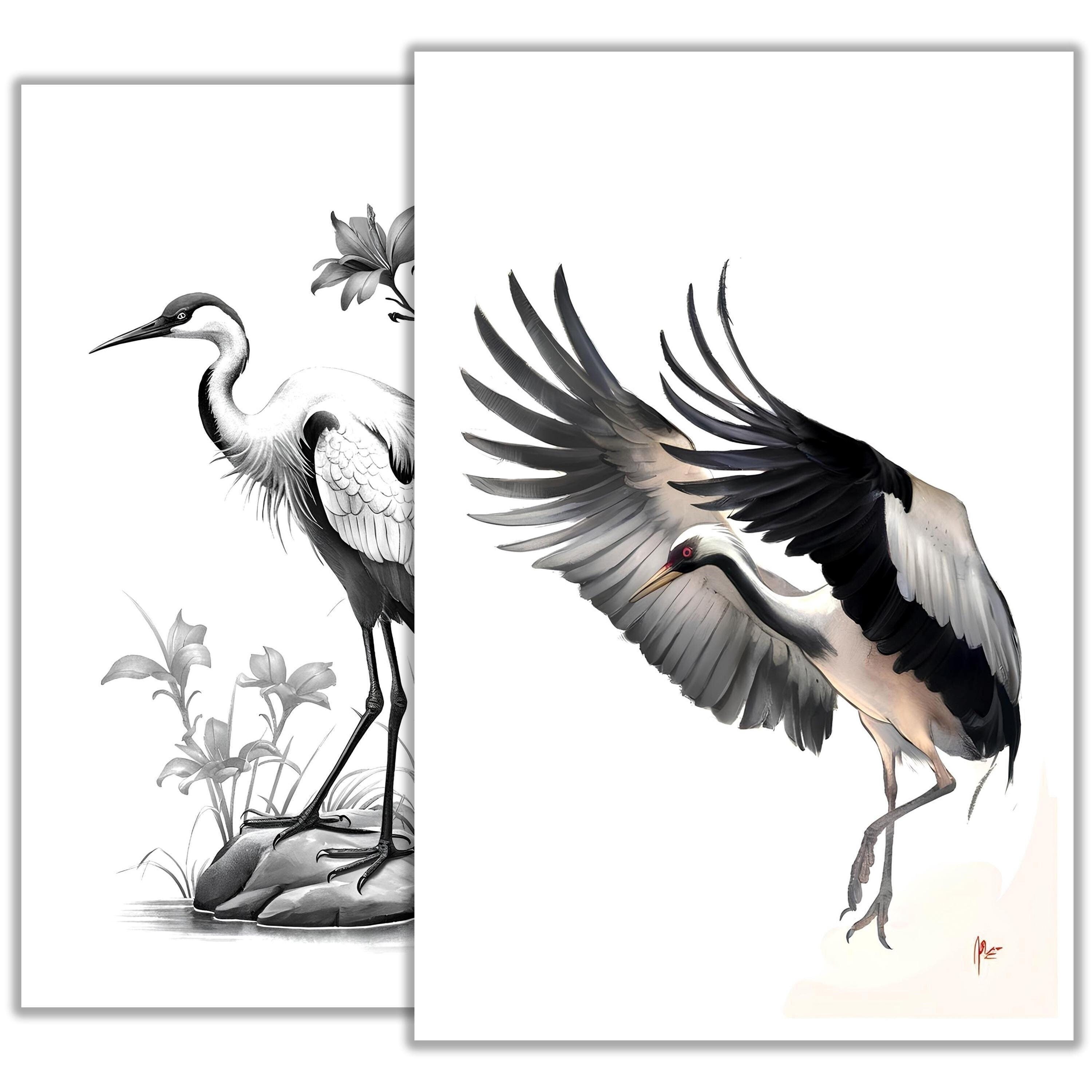 Crane Tattoo Sketch – Elegant Bird Line Art Design, Minimalist Crane ...