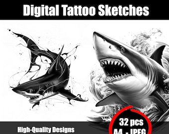 Shark Tattoo Sketch – Fierce Ocean Predator Line Art, Marine Wildlife Tattoo Design, Instant Download