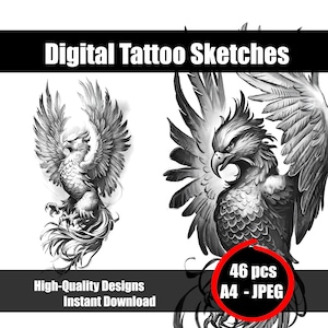 Phoenix Tattoo Sketch - Mythical Bird Line Art Design - Rebirth & Fire Flash Drawing - Fantasy Ink Art - Instant Download Printable