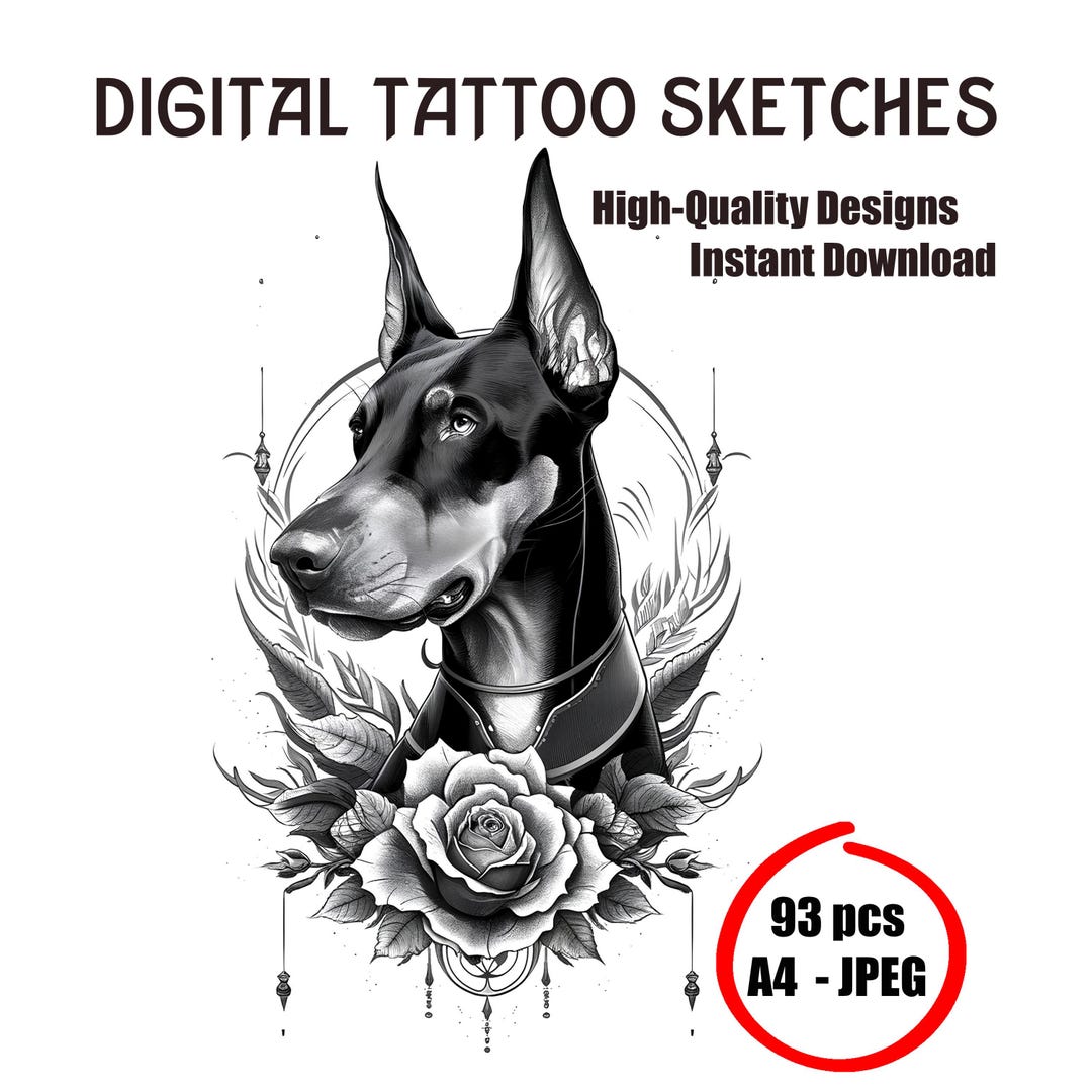 Doberman Tattoo Sketch – Fierce Dog Tattoo Flash Art, Digital Download ...