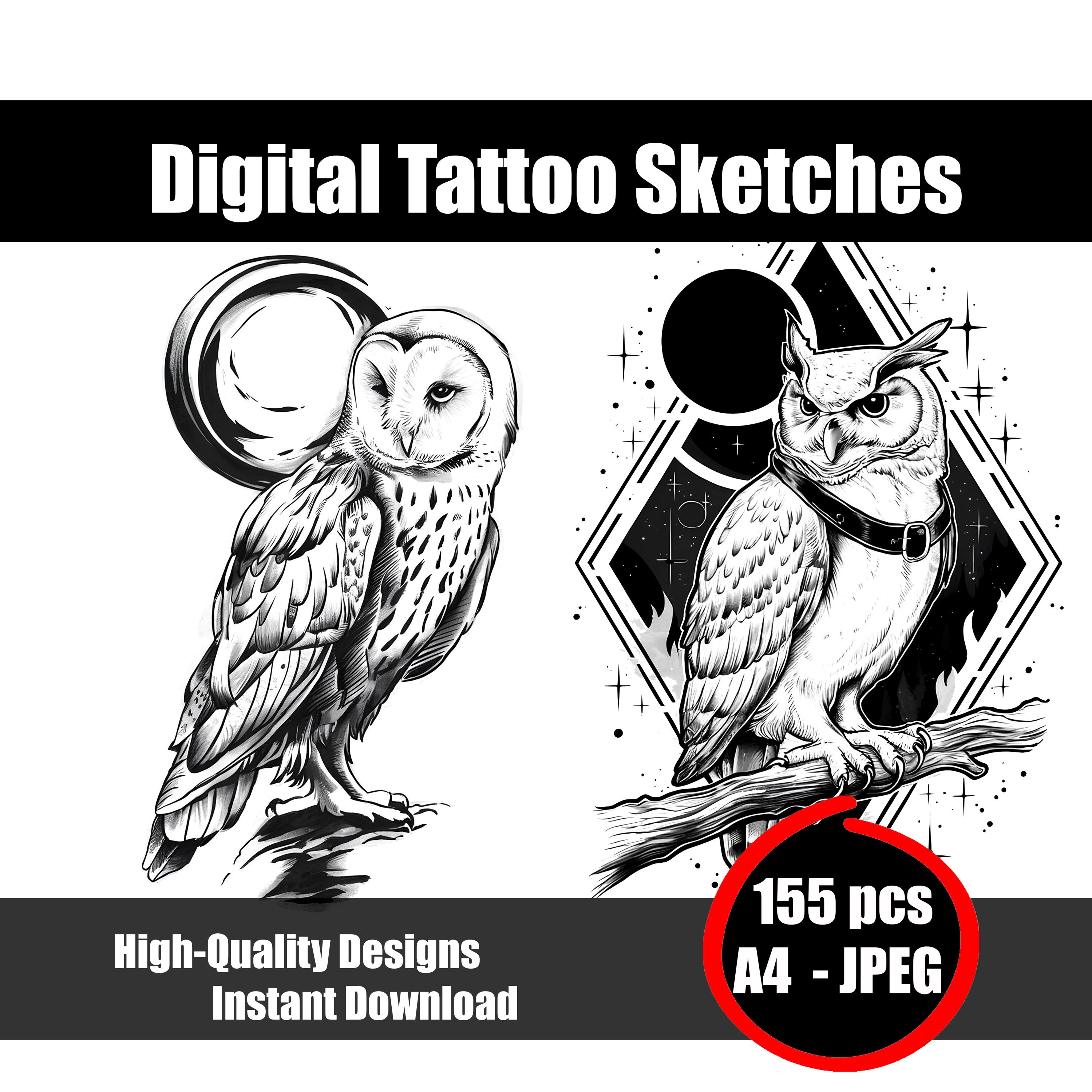 Owl Tattoo Sketch | Detailed Line Art Flash Design | Printable Bird Tattoo for Artists | Instant Dig