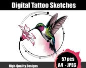 Hummingbird Tattoo Sketch #7 – Fine Line Hummingbird Tattoo Design, Minimalist Bird Line Art, Floral Illustration, Printable Tattoo Stencil