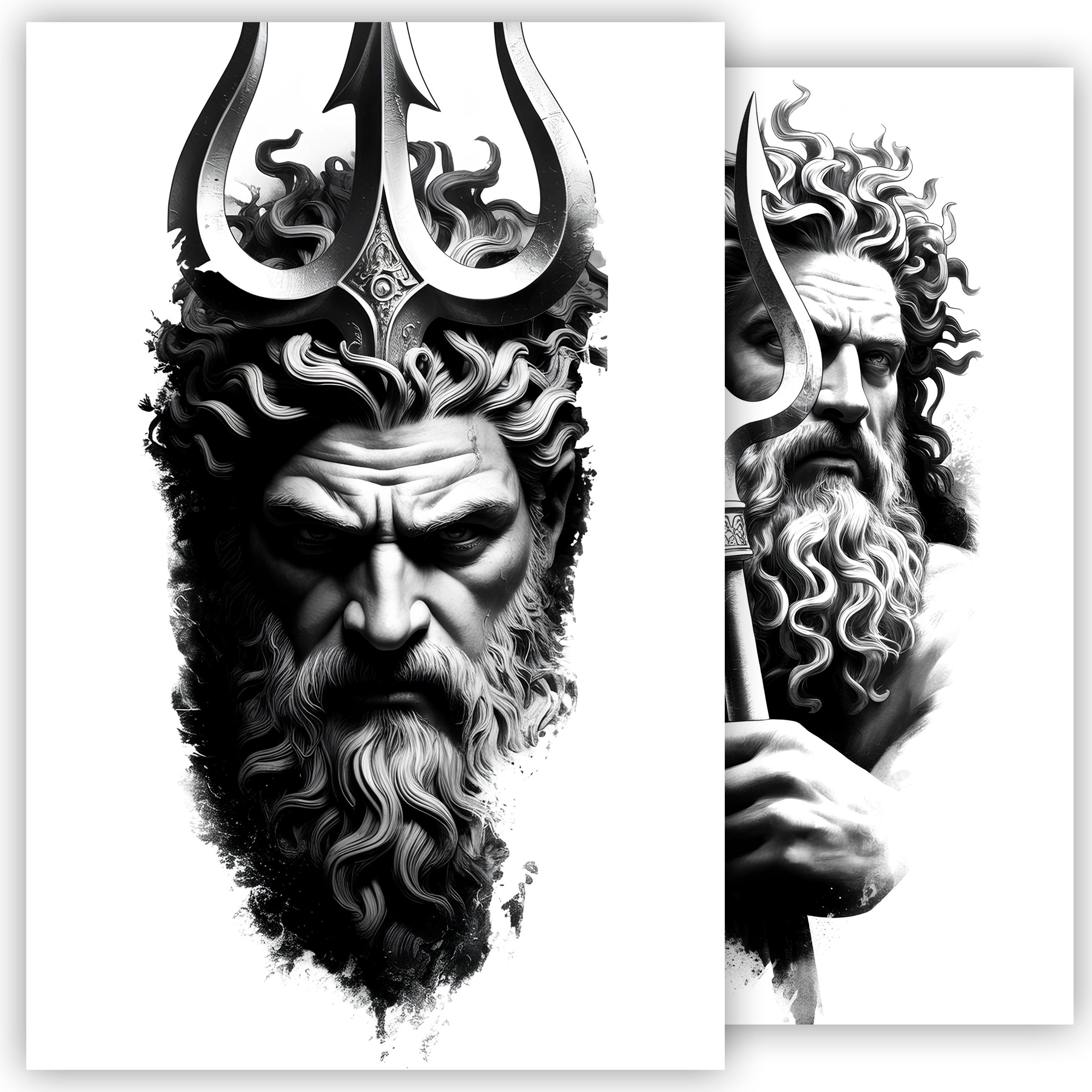 Poseidon Tattoo Sketch – Greek God of the Sea Tattoo Design, Mythology ...