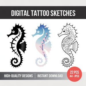 Può includere: Schizzi di tatuaggi digitali con tre disegni di cavallucci marini. Uno è nero, un altro blu con accenti floreali rosa, e il terzo è un contorno floreale. L'immagine include il testo "DIGITAL TATTOO SKETCHES", "HIGH-QUALITY DESIGNS", e "INSTANT DOWNLOAD".
