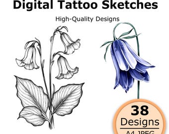 以下が含まれることがあります： Digital Tattoo Sketches High-Quality Designsのテキストと、ベル型の花の白黒線画イラスト、および青い花のイラスト。円形のバッジには38 Designs A4 JPEG Instant Downloadと記載されています。