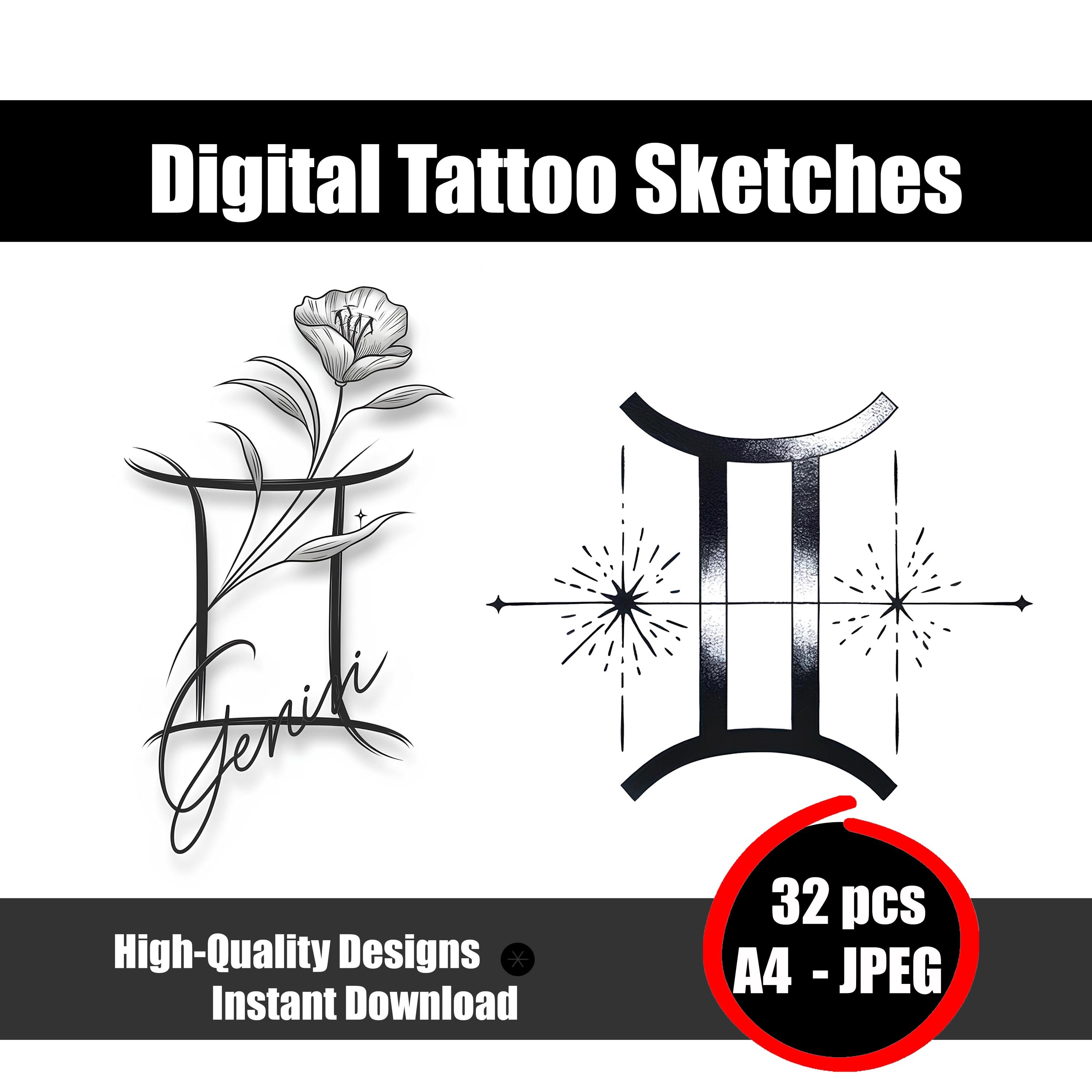 双子座の星座タトゥースケッチ – 占星術タトゥーフラッシュアート