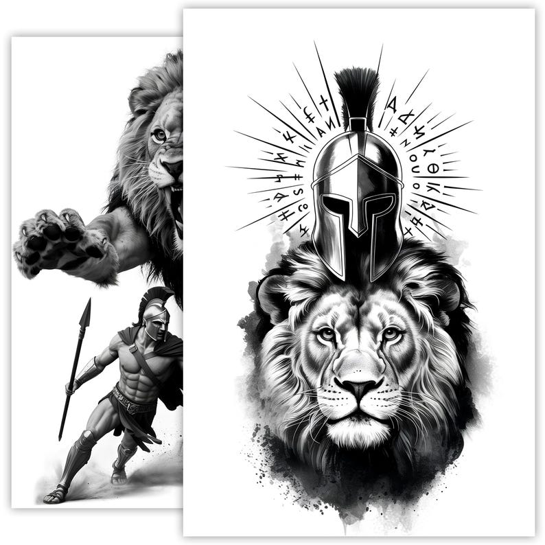 Lion and Warrior Tattoo Sketch, Spartan Warrior With Lion Line Art ...
