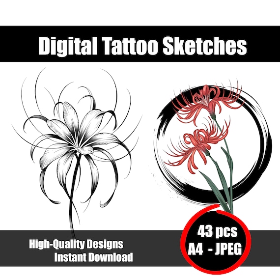 Red Spider Lily Tattoo Sketch – Blackwork Floral Line Art, Fine